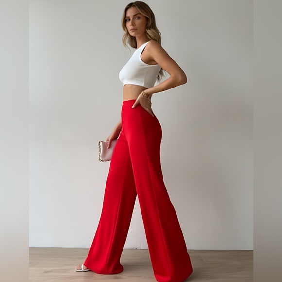 Red High Waist Wide Leg Pants - Picture 2 of 8
